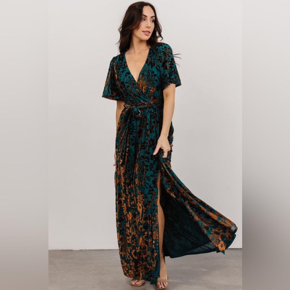 Baltic Born Uma Velvet Maxi Dress - Bronze and Jade